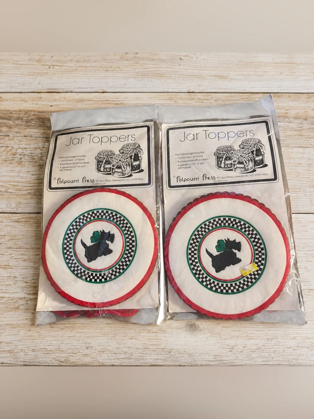 Vintage Potpourri Press Scottie Dog Jar Toppers Set of 2 NOS Canning Covers
